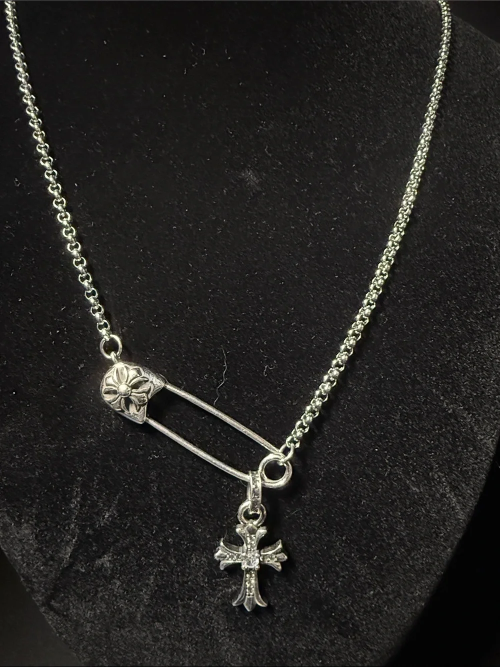 Silver Safety Pin Necklace with Cross Charm - Silver